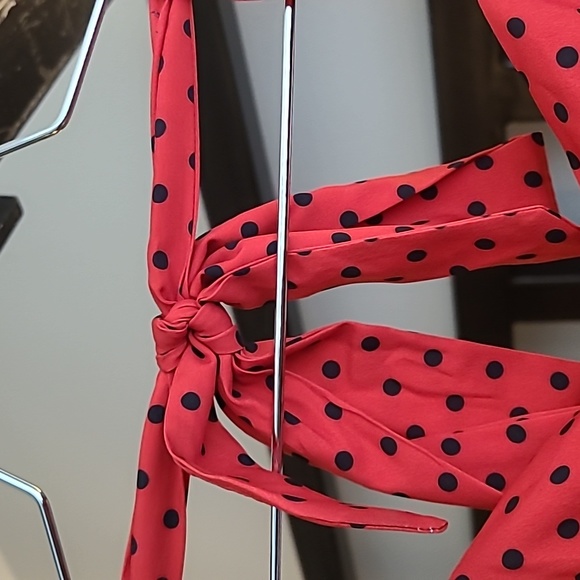 Red and Black Polka Dot Halter Midi  Sweetheart Pinup Dress with smocking - Picture 6 of 12